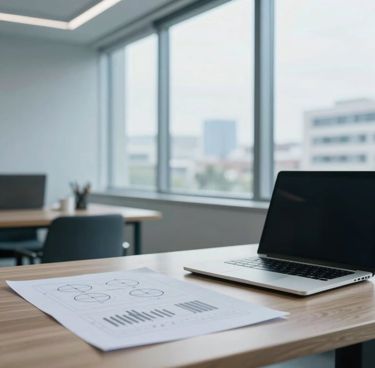 Bright, natural overcast daylight, clean architectural composition of a modern minimalist office workspace in CDMX, a wooden desk with physical charts and a laptop, shallow depth of field, cool corporate blue tones, 35mm lens.