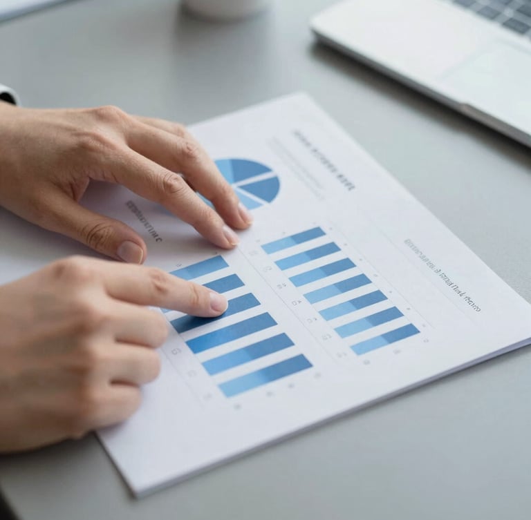 Close-up of hands analyzing clean printed data charts on a slate grey desk in Guadalajara, soft daylight, minimalist corporate editorial photography, 35mm lens.