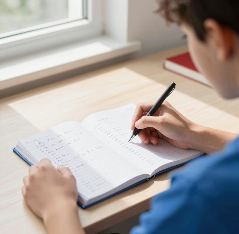 Over-the-shoulder shot of a high school student writing French verbs in a notebook, natural daylight streaming across a clean wooden desk, shallow depth of field.