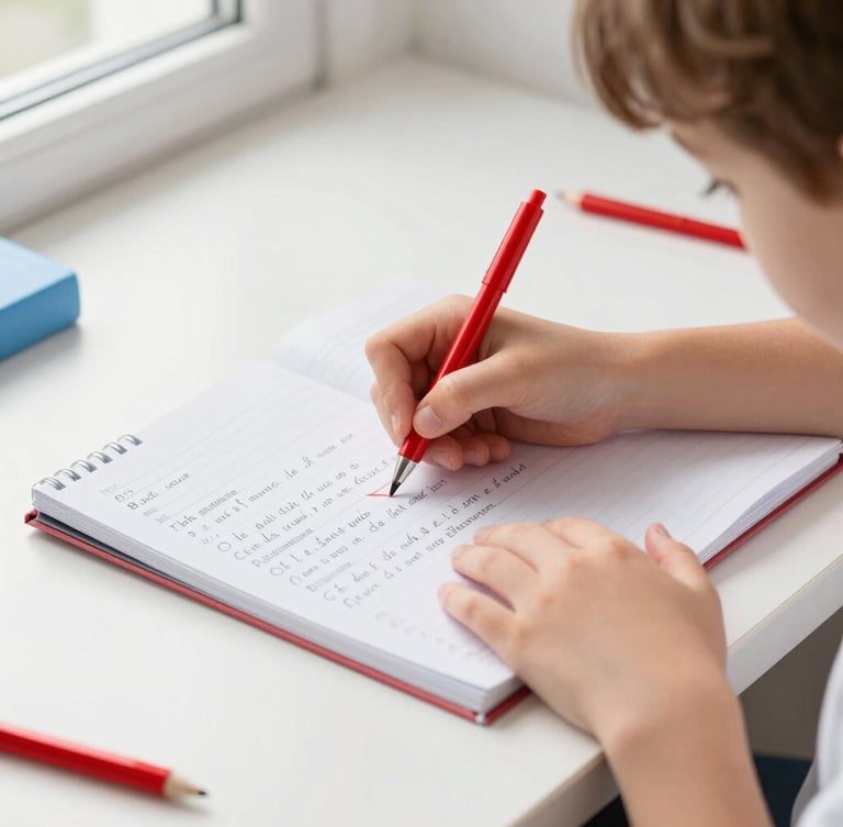 Close-up of a child's hands writing French grammar exercises in a neat school notebook, red pen corrections, bright natural daylight, clean white desk.