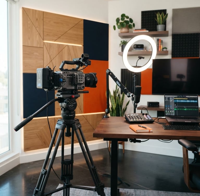 High-end YouTube studio setup with a professional camera on a tripod, ring light, and warm wood acoustic panels, 35mm crisp editorial photography