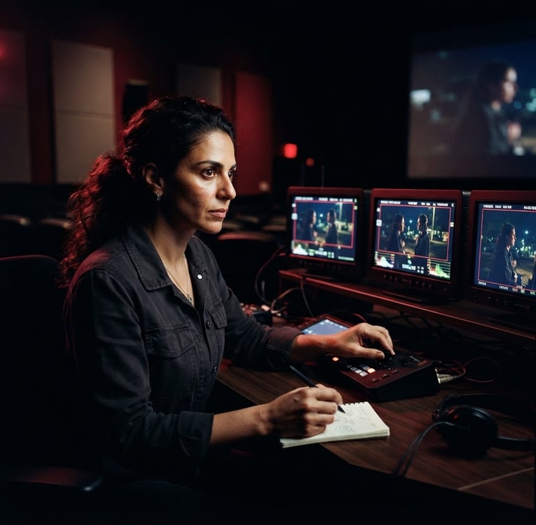 Moody cinematic medium-close portrait of a director looking at camera monitors in a dark screening room, dramatic chiaroscuro lighting, deep shadows, wine-red backlighting, 35mm