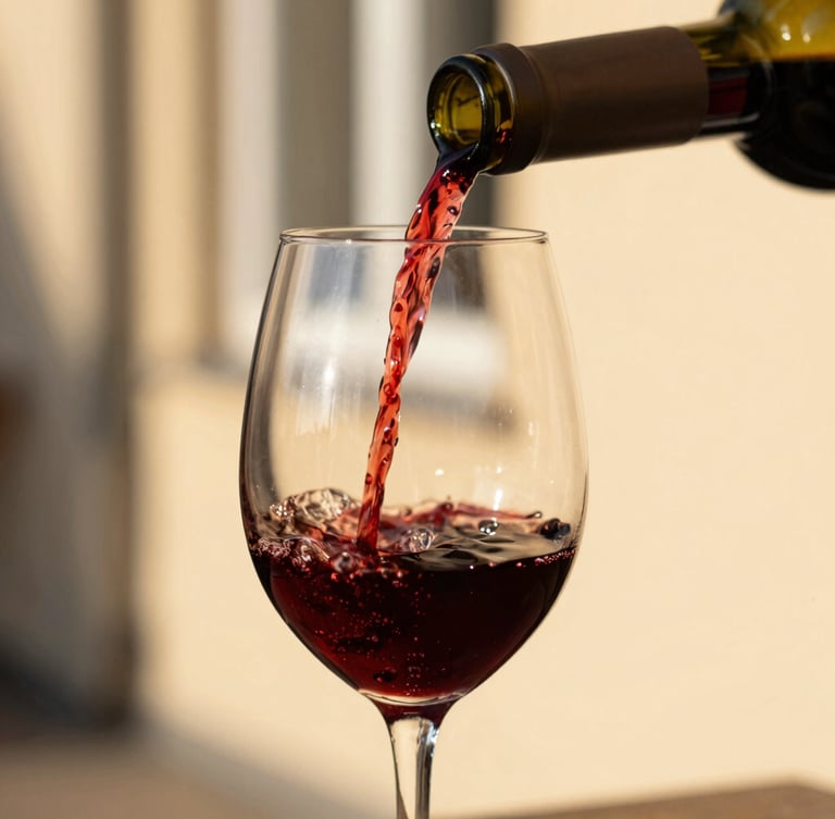 Close-up of red wine being poured into a glass in a sunlit outdoor dehors, warm golden light, shallow depth of field, 35mm
