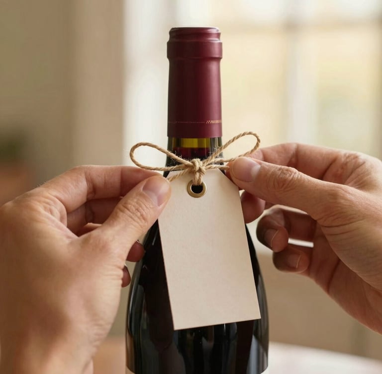 Close-up of a hand tying a delicate twine bow around the neck of a red wine bottle, elegant custom paper tag, warm editorial lighting, shallow depth of field, 35mm.