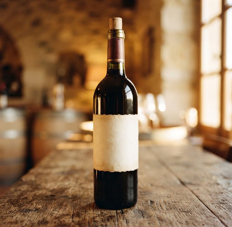 A close-up of a dark glass wine bottle with a custom elegant cream paper label, sitting on a rustic wooden table in a warm golden hour light, shallow depth of field