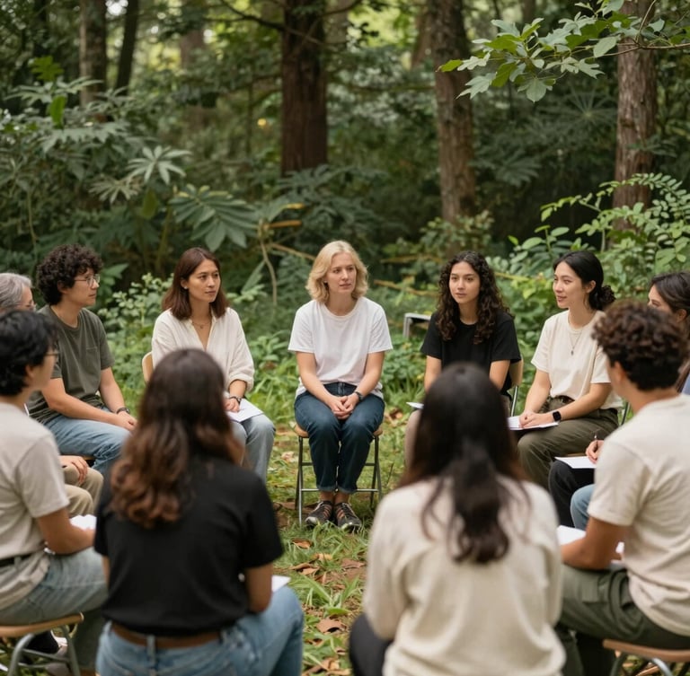 Warm editorial photograph of community organizers sitting in a circle during an outdoor workshop, soft natural daylight, deep forest green accents, authentic.