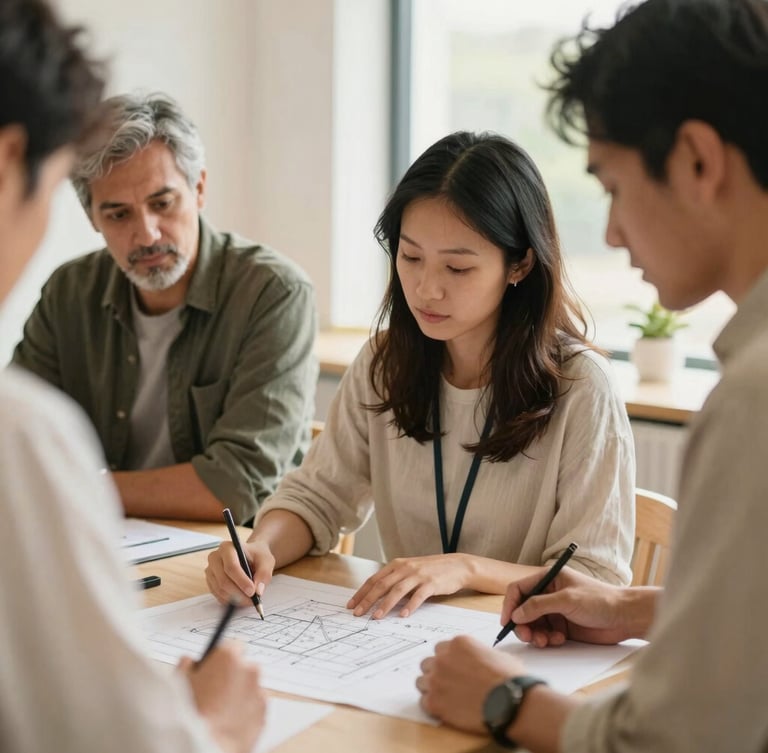 A warm, natural-light medium shot of community leaders collaborating over architectural plans in a bright local space, soft focus.