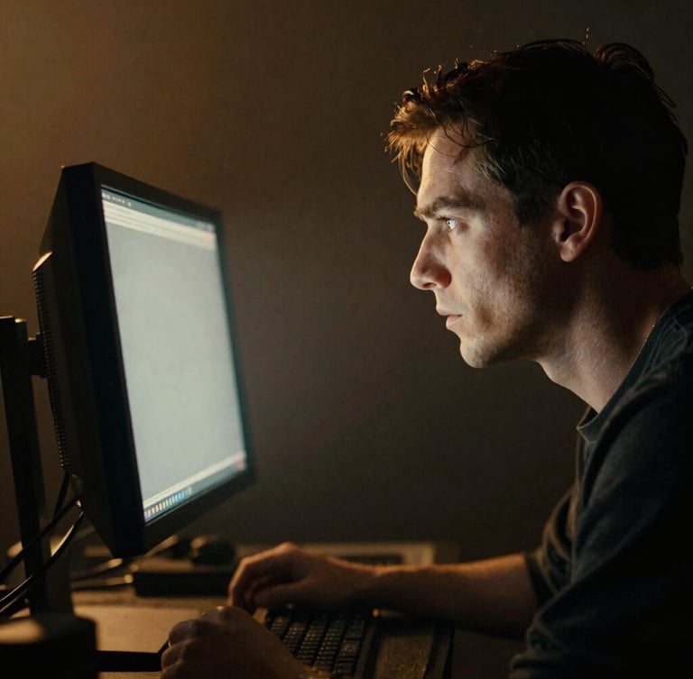 Moody close-up of a director in deep focus looking at a high-contrast monitor on a dark set, warm tungsten backlighting, hazy atmosphere, cinematic grain