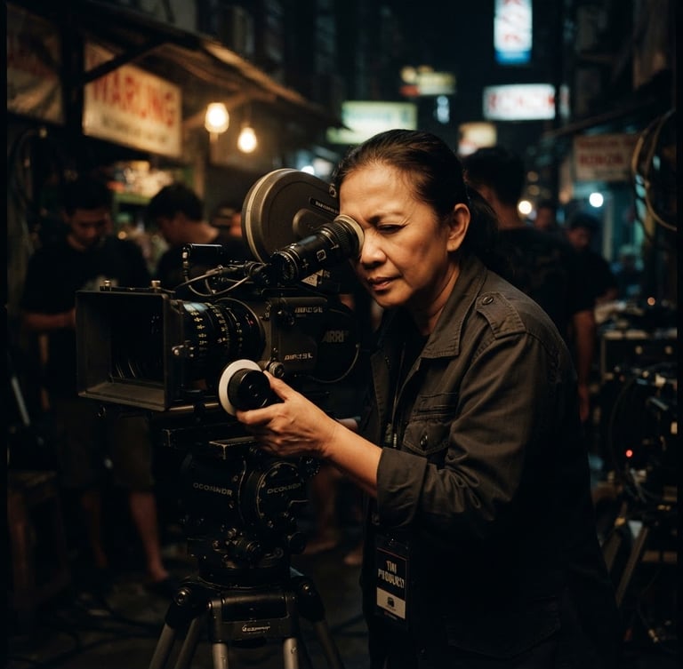 Moody cinematic film photography of a director looking through an anamorphic 35mm camera viewfinder on a dark Jakarta set, low-key warm tungsten practical lights, deep shadows.