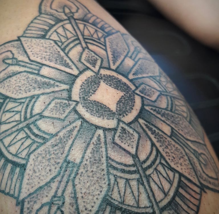 Closeup of a custom designed dotwork mandala