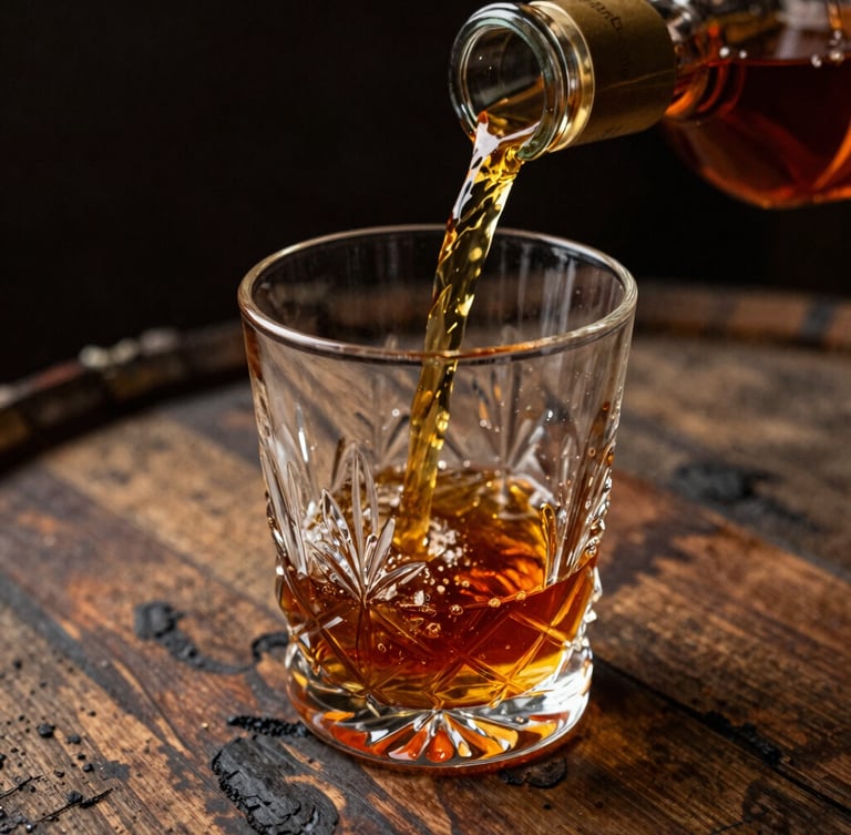 Low-key editorial close-up of amber bourbon pouring into a heavy crystal glass, dramatic side lighting catching the rich liquid, charred barrel staves in the soft-focus background, 35mm film style