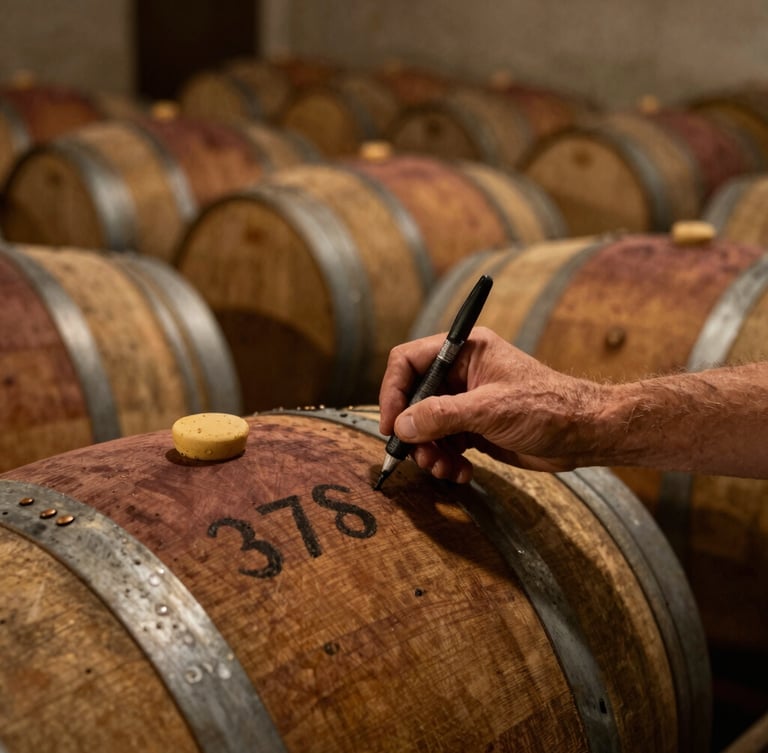 Close-up of weathered hands chalking a barrel number in a dimly lit, historic timber rickhouse with rows of aging bourbon barrels.