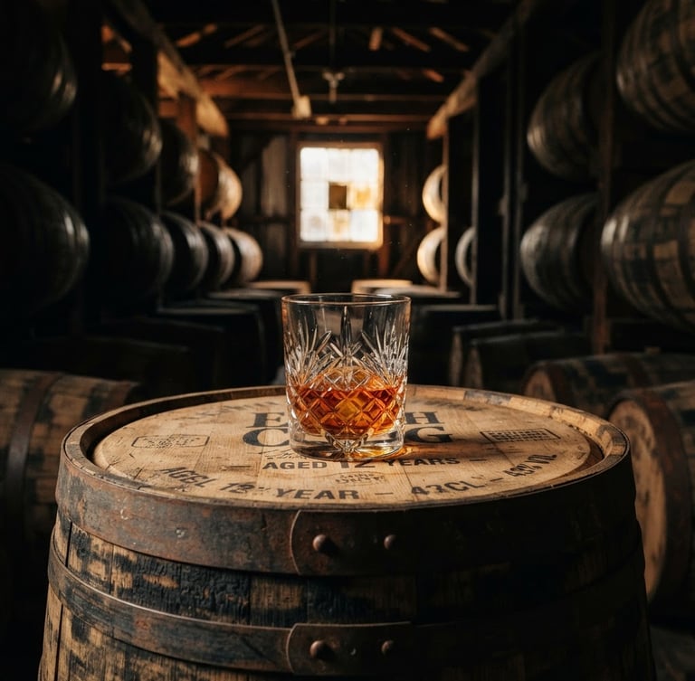 A heavy crystal glass catching warm amber light on a weathered oak barrel in a low-key, dramatic rickhouse setting, warm-anchored editorial style.