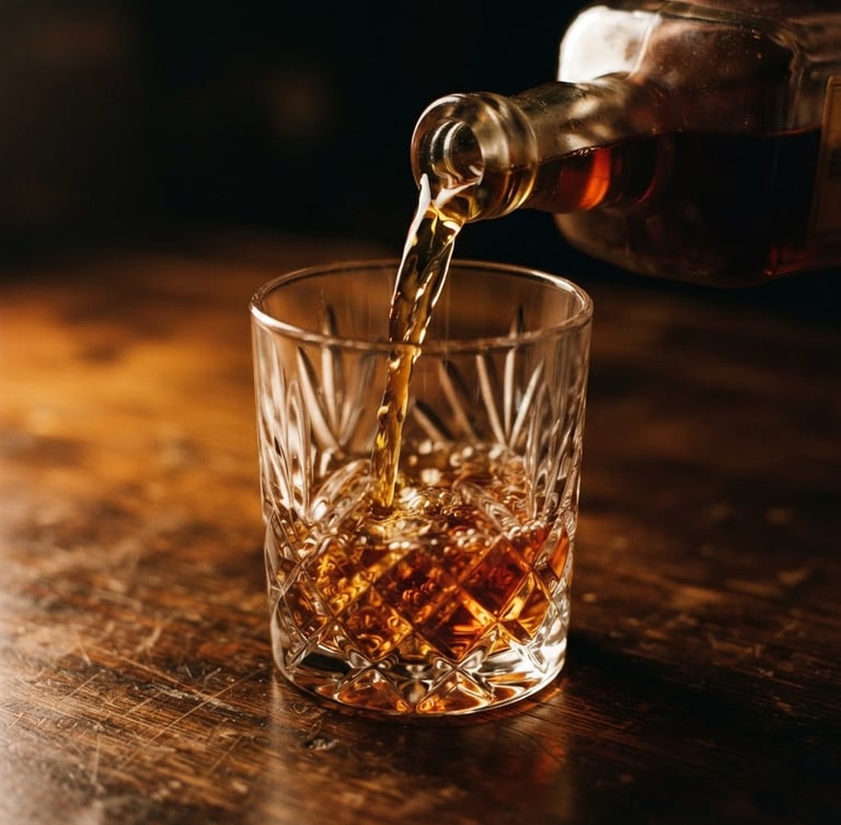 Macro close-up of rich amber bourbon pouring into a heavy crystal glass, low-key dramatic side lighting, dark walnut background