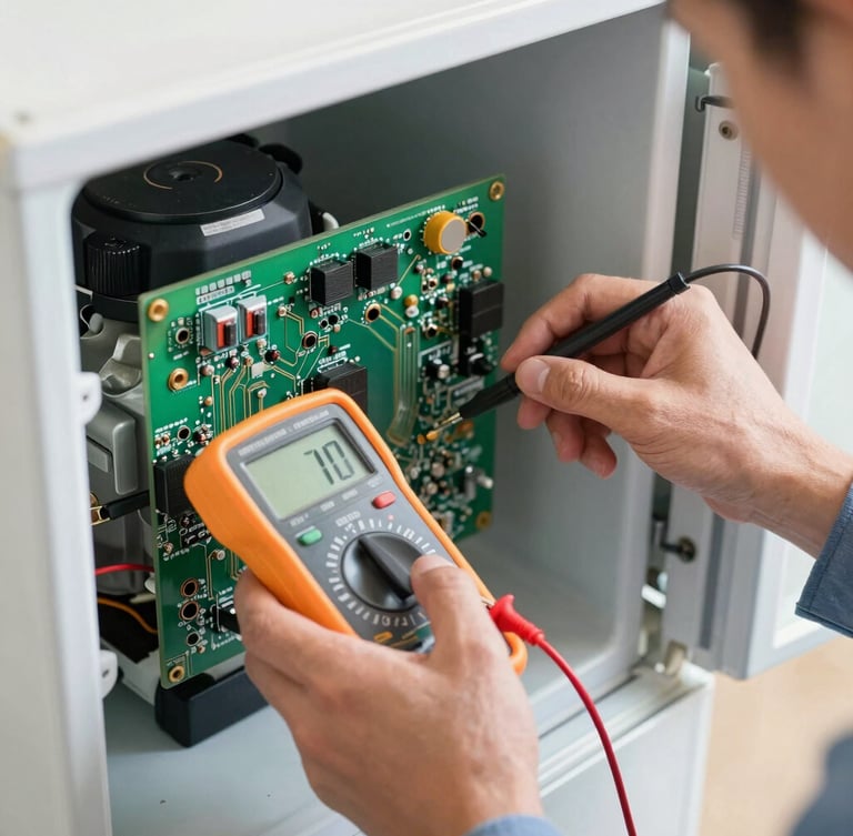 Close-up of a technician's hands using a digital multimeter to test a complex green circuit board inside a modern refrigerator compressor compartment, bright natural lighting, clean workspace