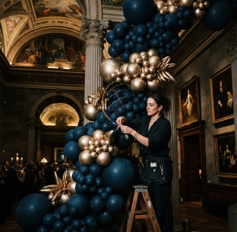 Dramatic editorial shot of an artist assembling a massive organic balloon sculpture in a grand historic gallery, high-contrast lighting highlighting matte navy and metallic gold textures, 35mm.