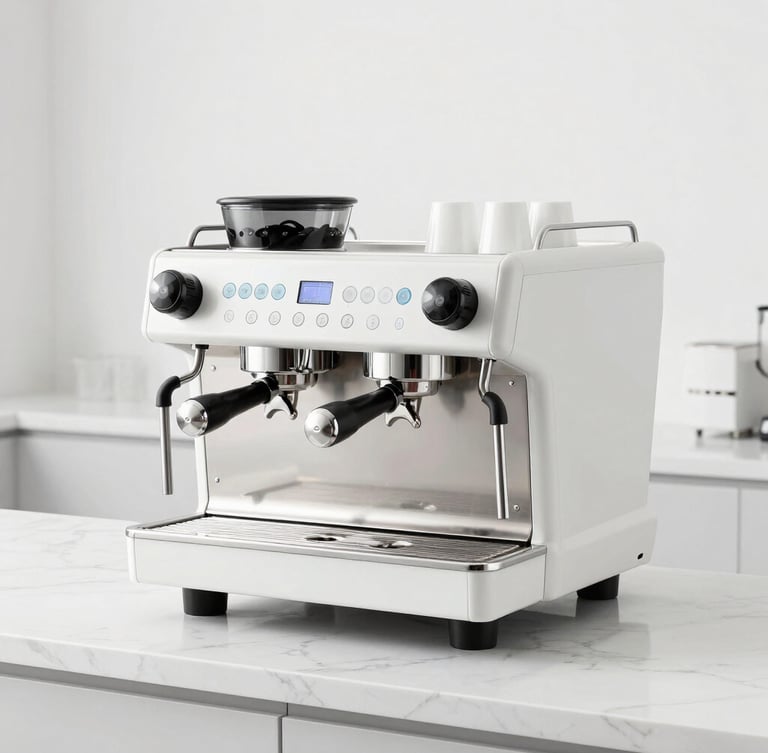 Sleek commercial dual-group espresso machine on a clean white marble counter, bright high-key studio lighting, modern minimalist cafe background, 50mm lens