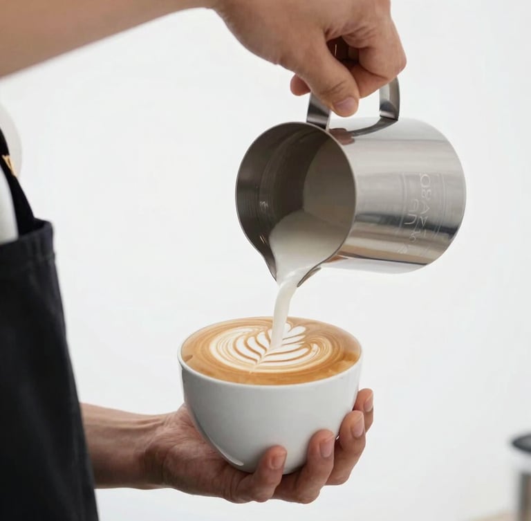 Close-up of a professional barista pouring perfect latte art in a bright, high-key minimalist studio setting, sharp focus, 50mm lens