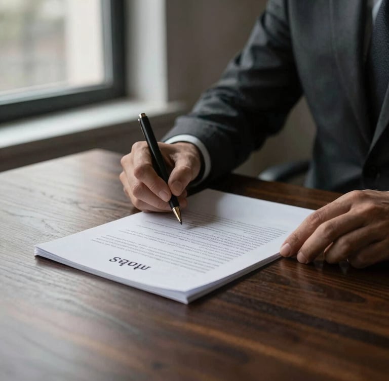 Close-up of a corporate contract signing on a dark oak table, dramatic side window light, deep slate gray and bronze tones, shallow depth of field, 35mm