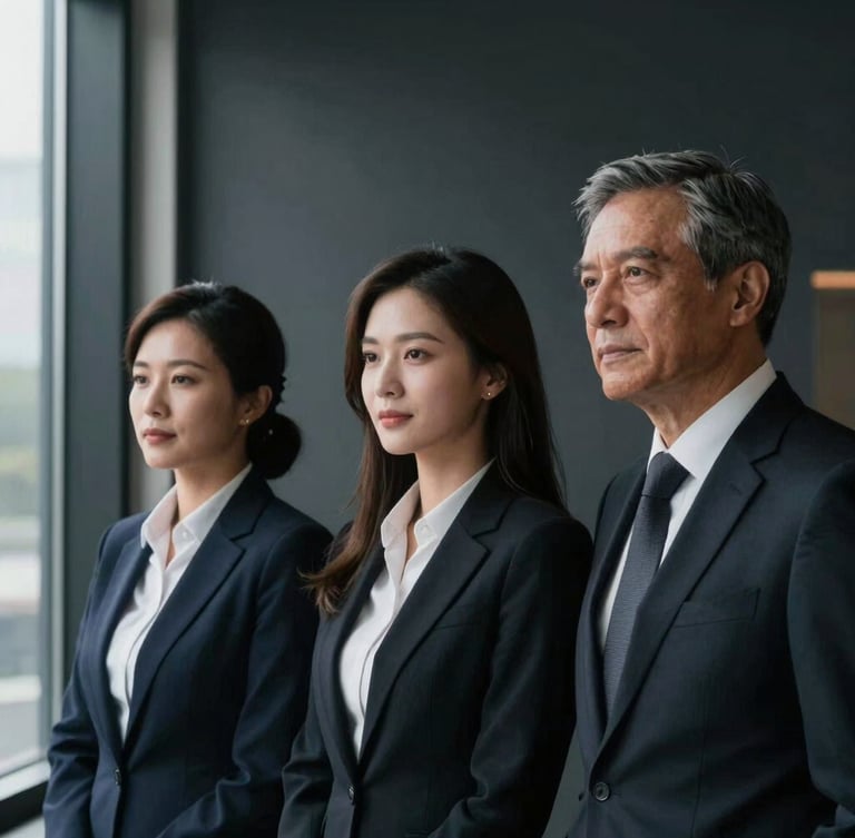 Professional portrait of three executive partners in dark corporate attire, dramatic side window lighting, deep slate gray background, shallow depth of field, 35mm