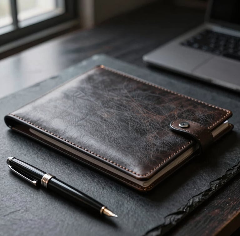 Close-up of high-quality corporate stationery, leather folder, and a fountain pen on a dark slate desk, dramatic side lighting