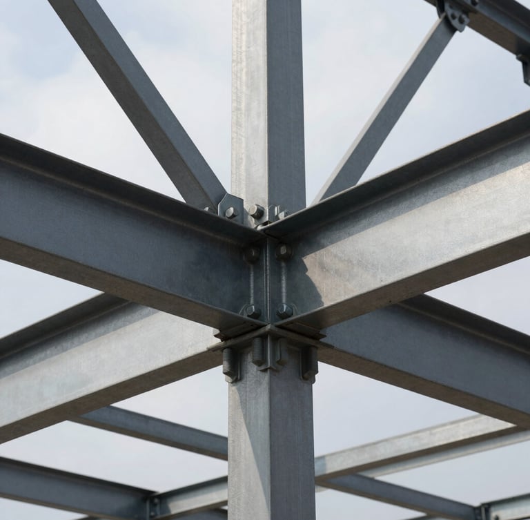Industrial structural steel framing under overcast daylight, heavy bolts in a connection plate, crisp shadows on steel.