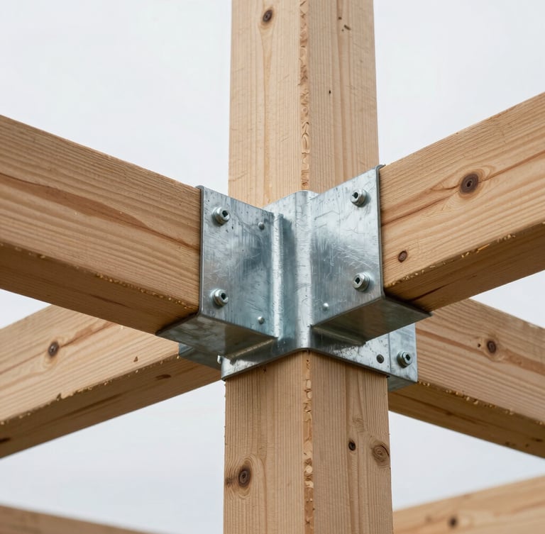 Close-up detail of heavy-timber structural framing joining with a raw steel collar, bolted connection, high-contrast overcast daylight, sharp focus on metal textures.