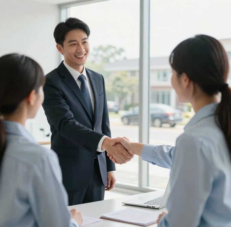 A professional local insurance agent greeting a client with a warm handshake in a bright, modern Chesapeake office, soft natural daylight, 35mm lens