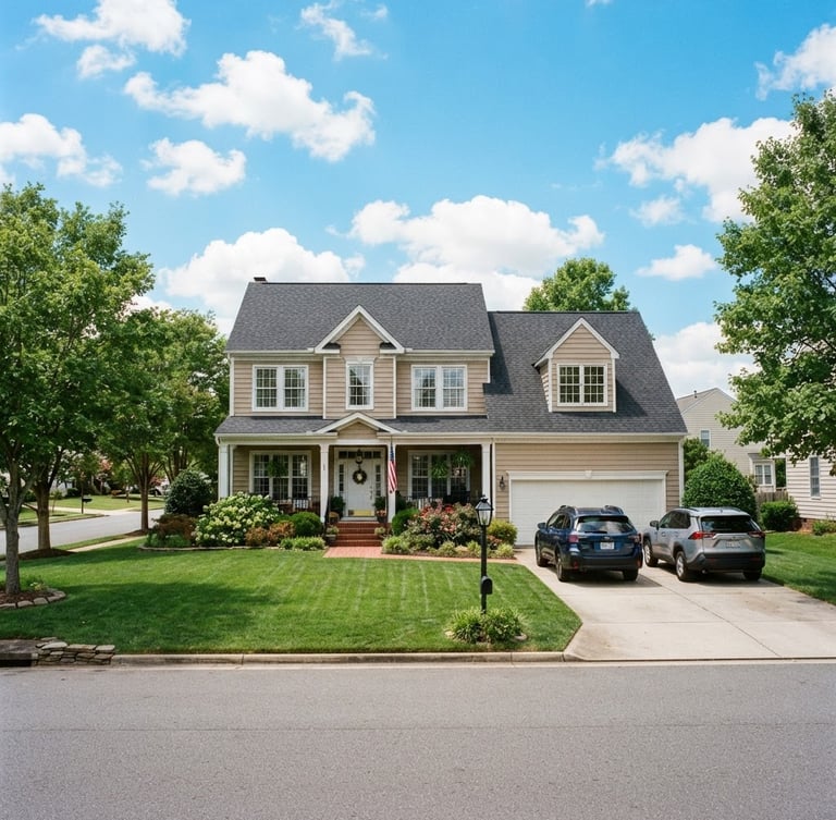 Bright natural daylight photo of a classic suburban home in Chesapeake, green lawn, clear blue sky, optimistic 35mm photography