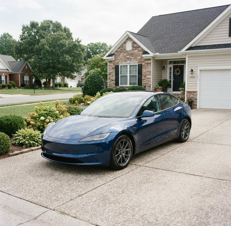 A clean modern sedan parked in a suburban driveway in Chesapeake, bright natural daylight, soft overcast sky, professional 35mm photography