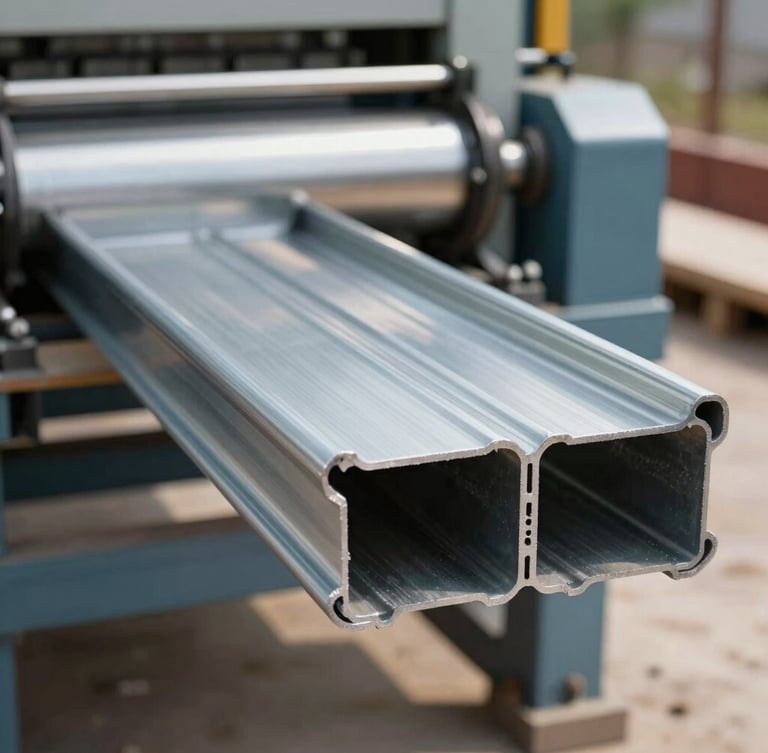 Close-up of a mobile roll-forming machine extruding a seamless zinc-gray metal gutter profile on a construction site, bright natural daylight