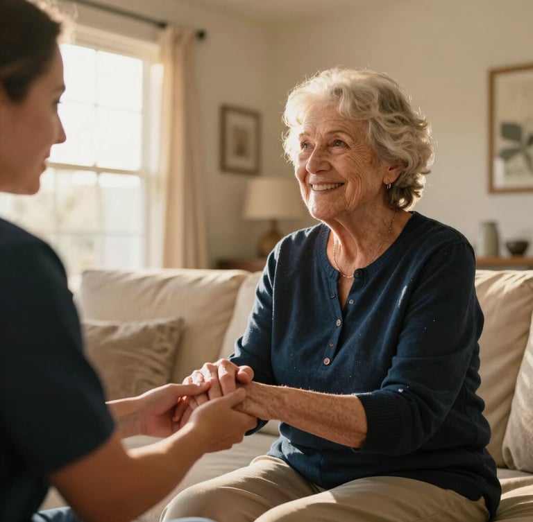 Warm editorial photography, soft golden-hour light, a caregiver gently holding the hand of an elderly woman smiling in a bright Arizona living room, shallow depth of field, 35mm
