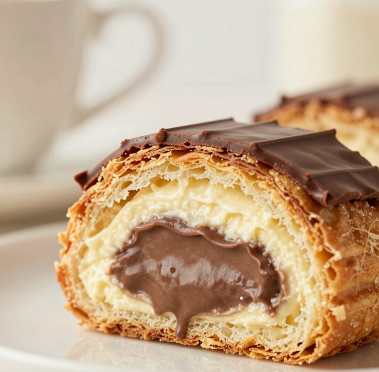 Macro close-up of a sliced Ruso pastry, revealing generous layers of rich cream, golden sponge, and chocolate ganache, soft morning light, shallow depth of field, 50mm lens