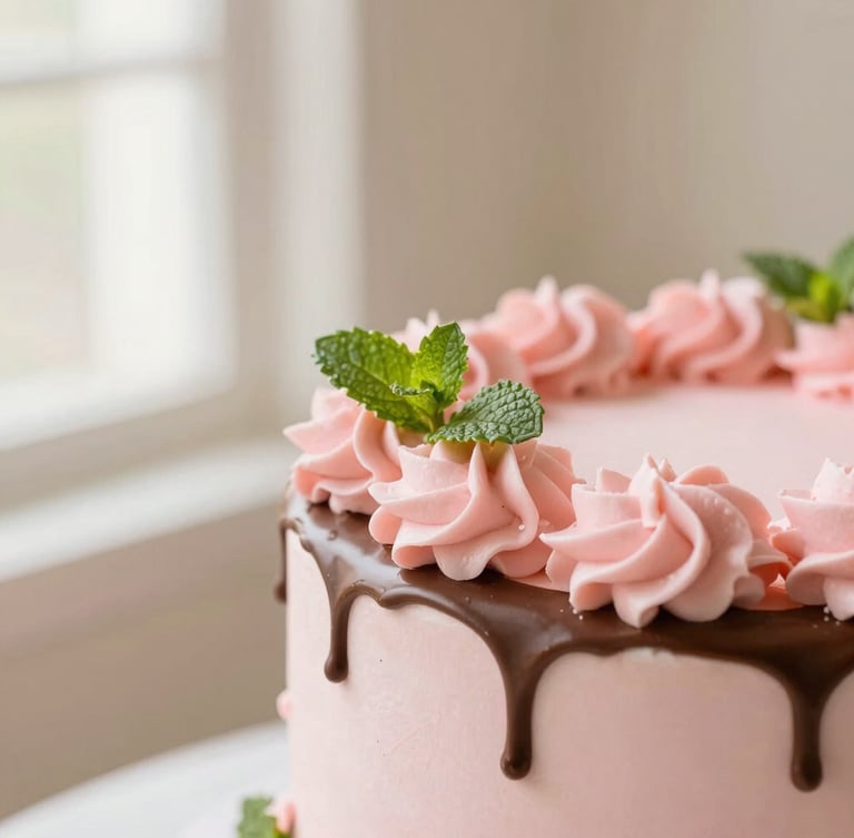 Macro food photography of a custom wedding cake with delicate pink frosting and mint details, soft morning window light, warm cream background