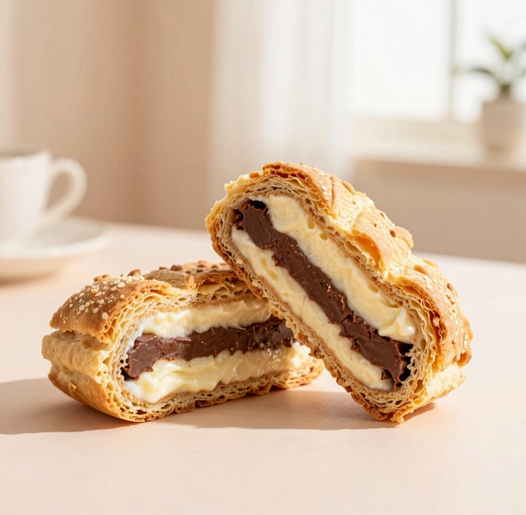 Slicing a generous triple-flavor Ruso pastry revealing rich cream layers and golden textures, warm morning light, soft pastel background, 50mm lens