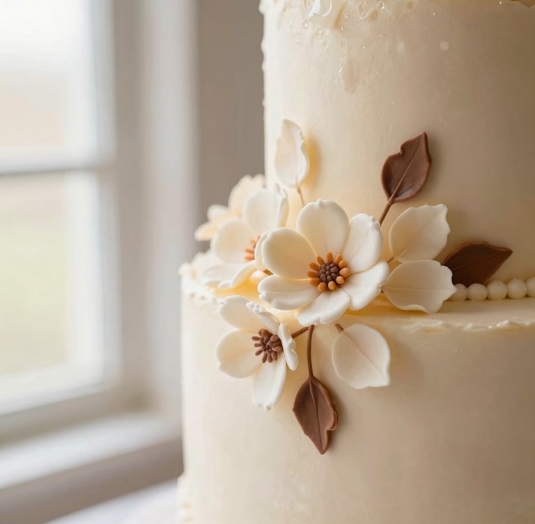 Close-up of a beautifully decorated wedding cake with delicate sugar flowers, soft morning window light, warm cream background, shallow depth of field