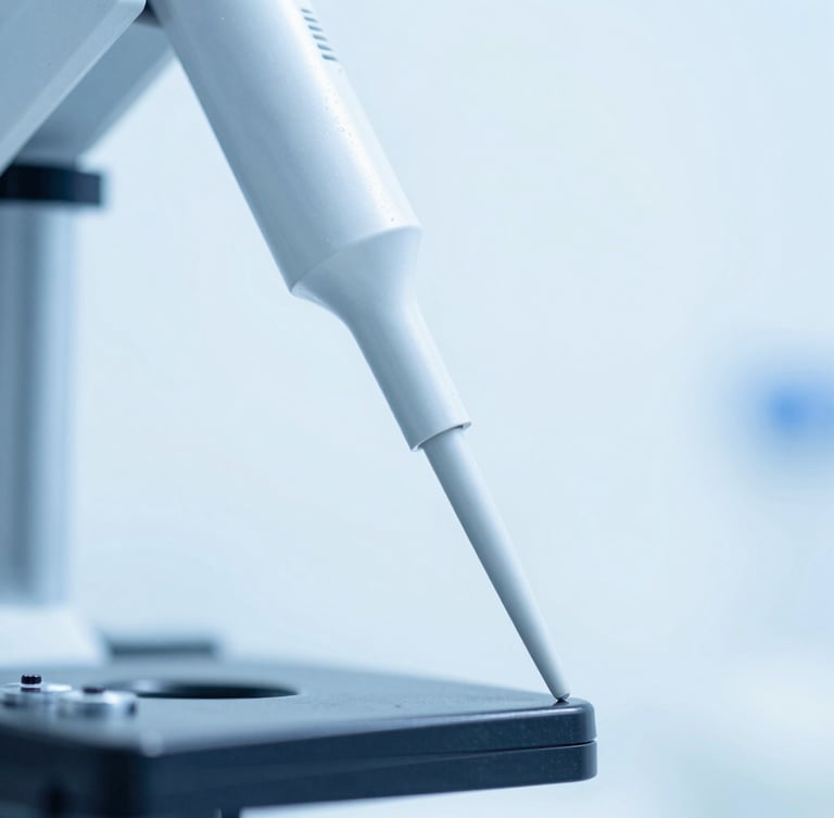 Macro close-up of high-tech molecular laboratory instrumentation with sterile pipette tips, cool blue lighting, high-key clinical white background.