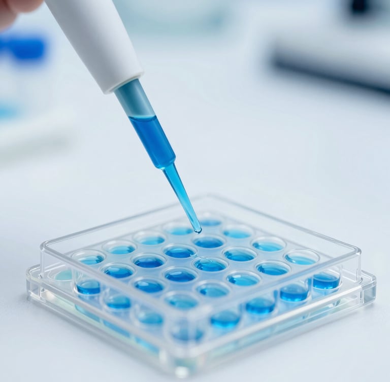 Macro close-up of sterile laboratory pipettes dispensing blue fluid into an assay plate, high-key clinical light, cool-toned laboratory illumination, sharp focus
