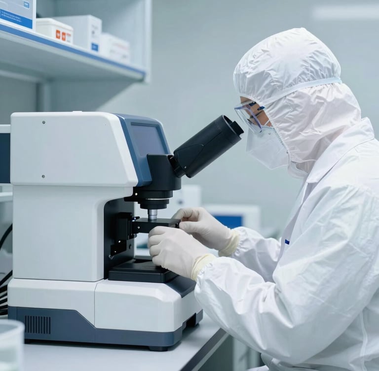 Precise mid-shot of a professional pathologist in clean white protective gear operating a high-tech molecular diagnostic instrument, sterile laboratory environment, cool-toned illumination.