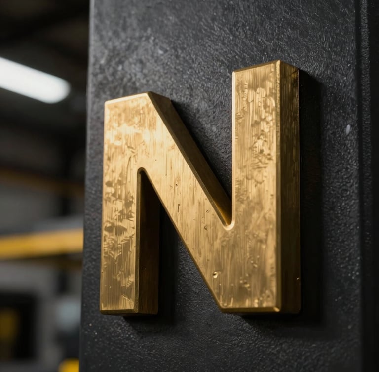 Macro close-up shot of a finished 3D brass letter join, showing sharp millimeter-precise edges, brushed metal texture, dramatic architectural lighting, 35mm