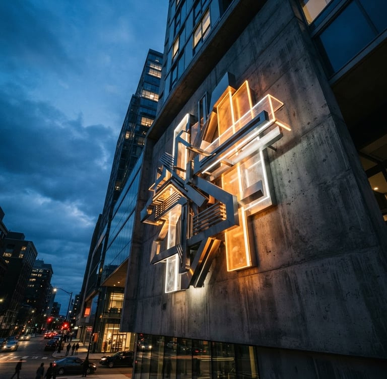 Low-angle heroic architectural shot of a massive finished 3D steel and acrylic corporate sign integrated into a modern concrete facade, twilight lighting, glowing LEDs, premium architectural photography, 35mm