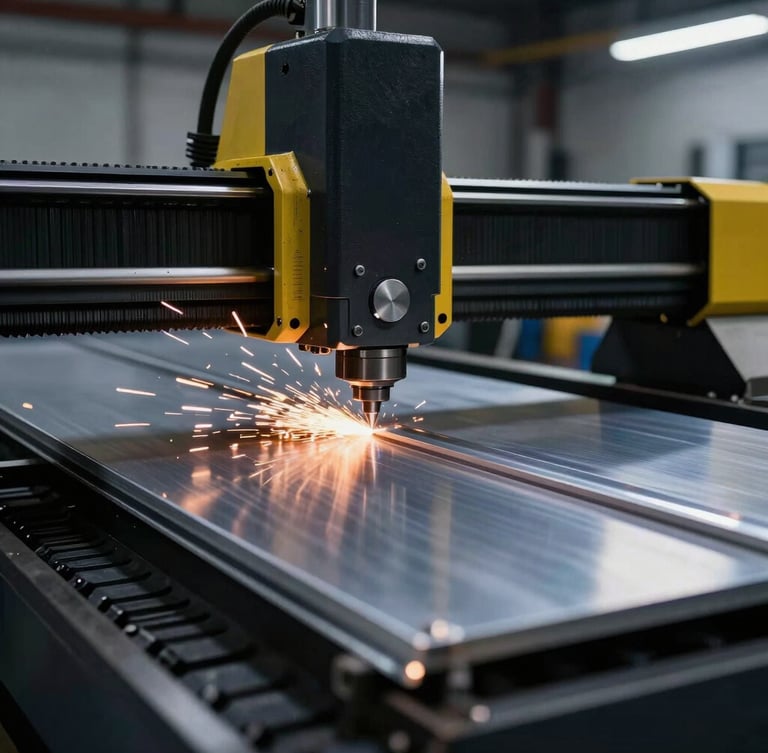 Close-up of an industrial CNC routing machine cutting a thick aluminum sheet, bright sparks flying, sharp focus on the clean metal edge, dark workshop background