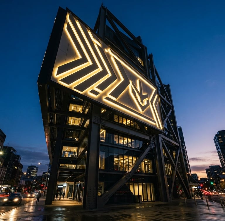 Low-angle heroic architectural photograph of a massive illuminated steel and ACP corporate facade sign at twilight, sharp details, 35mm