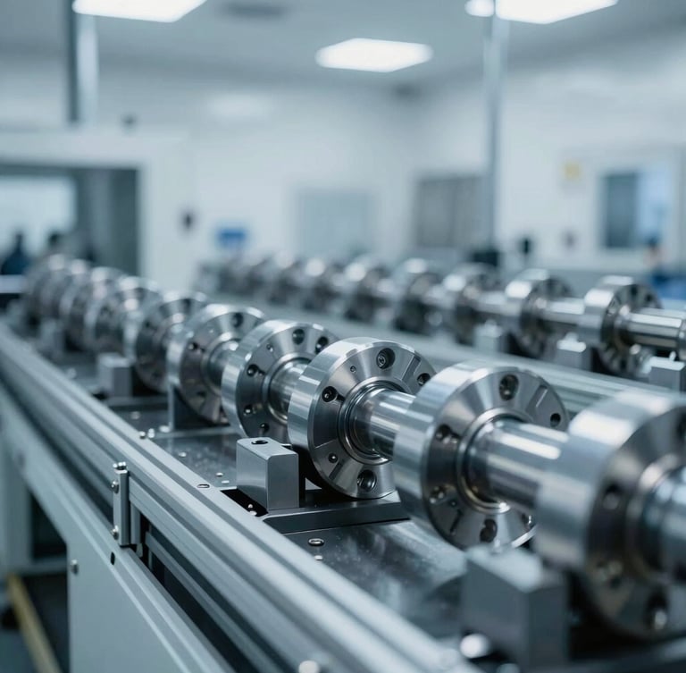 Close-up of high-precision steel automotive components on a factory assembly line, cool industrial lighting, sharp focus on metallic textures, desaturated blue tones