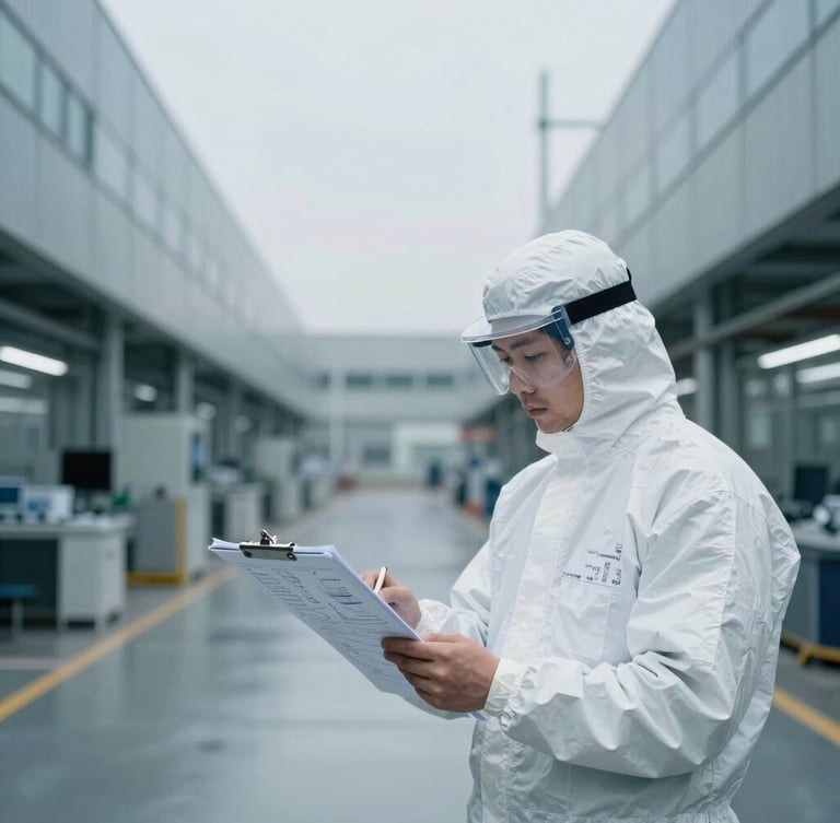 A professional inspector in protective gear examining technical blueprints on a clipboard inside a modern high-tech factory, cool overcast daylight, sharp focus