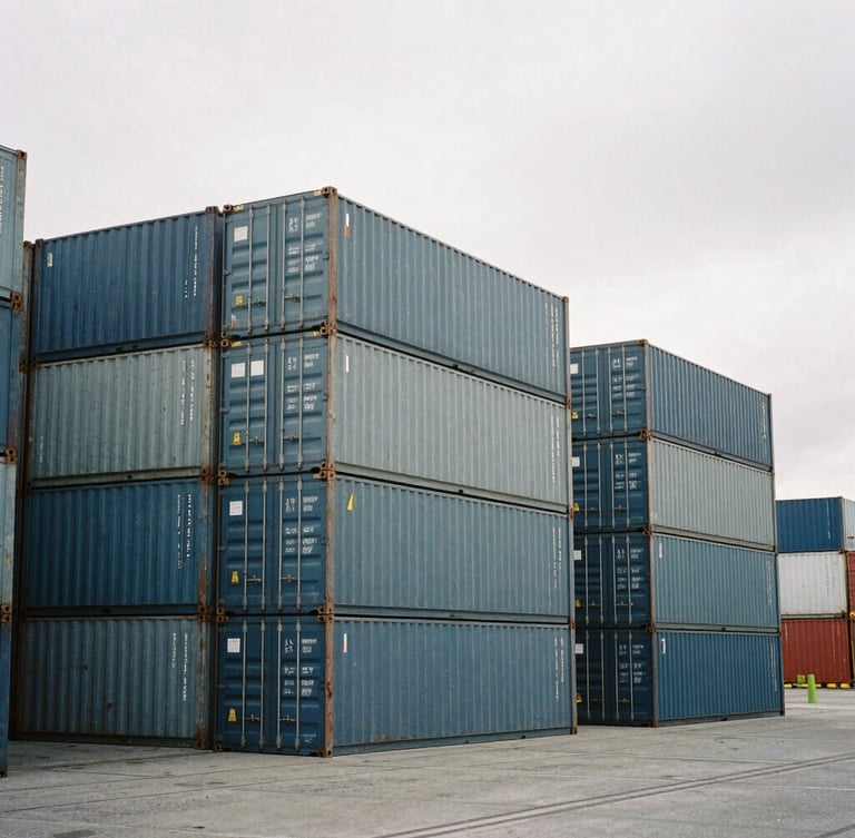 Wide shot of a deepwater cargo terminal under overcast daylight, stacked slate-gray containers, high-contrast shadows, 35mm photography