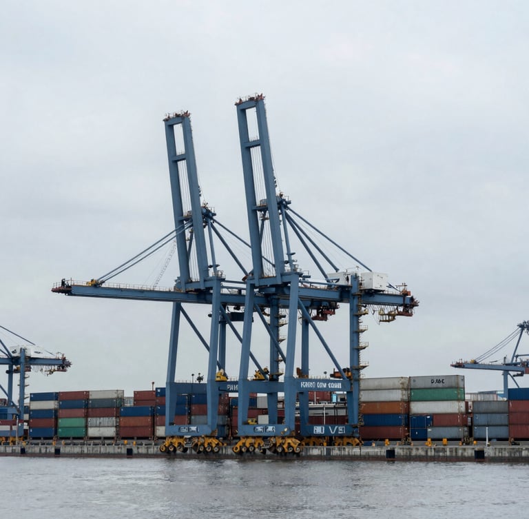 Wide-angle industrial photography of a modern shipping terminal, towering container cranes under heavy overcast daylight, desaturated blue and slate gray tones, sharp focus, 35mm.