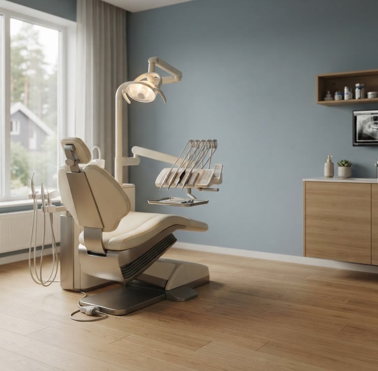 Light-filled modern dental treatment room, calm atmosphere, soft Baltic daylight, no people, shallow depth of field, cream and muted blue tones, panoramic 21:9 frame, subject off-center to the left, generous negative space on the right.