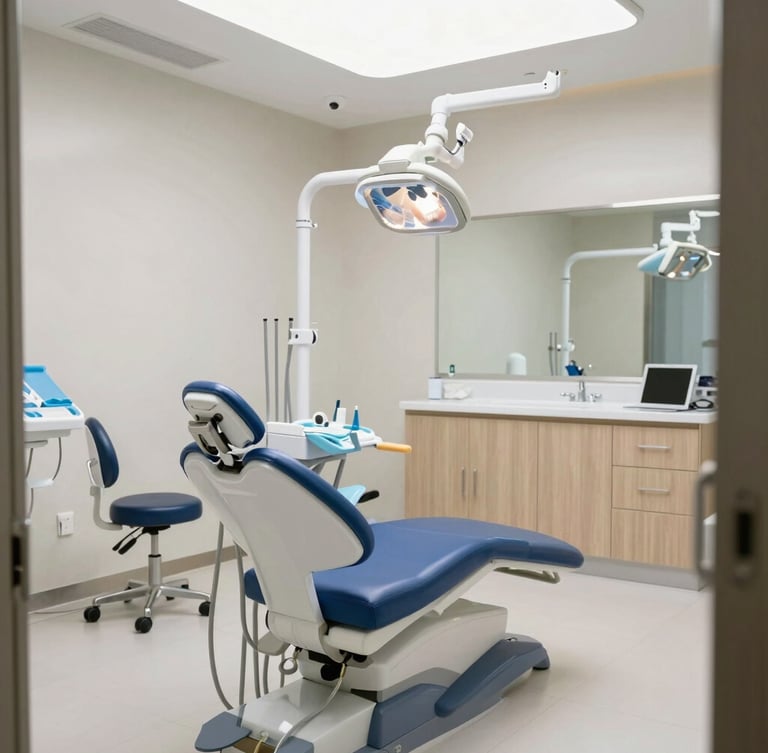 Close-up of Dr. Jens Leichsenring's hands gently demonstrating a dental model, soft focus background of a bright clinic window, warm interior lighting, muted blue and sand tones.