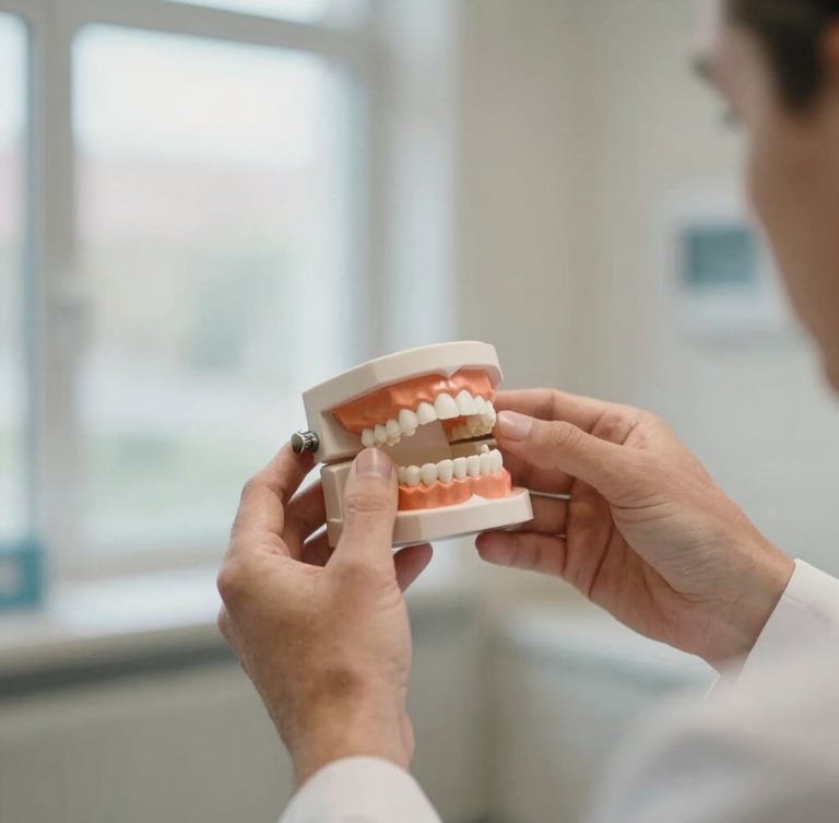 Close-up of Dr. Jens Leichsenring's hands gently demonstrating a dental model, soft focus background of a bright clinic window, warm interior lighting, muted blue and sand tones.